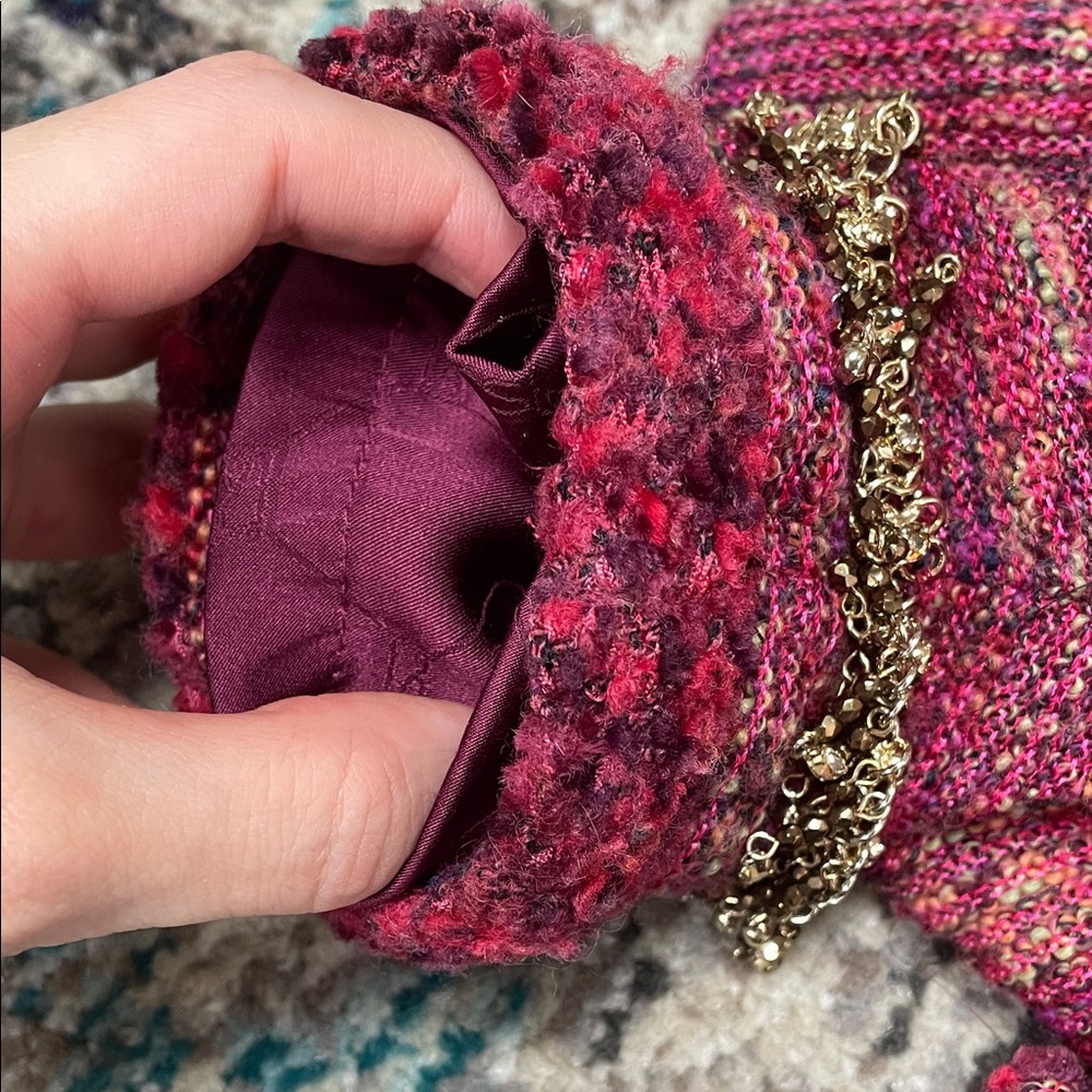 ST. JOHN couture Tweed Jacket Rich Burgundy gold crystal chain beaded fringe - Picture 12 of 17